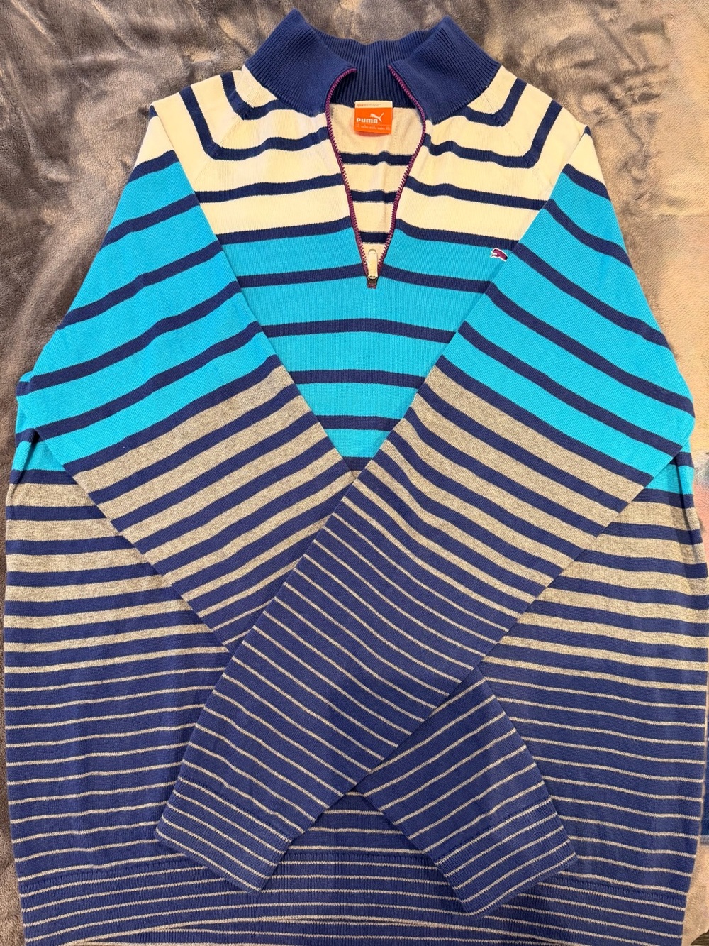 Puma Multi-Color Striped 1/4-Zip Sweater - Blue/Grey/White. Size XL